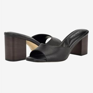 Calvin Klein Black Leather Open-Toe Block Heel Mules